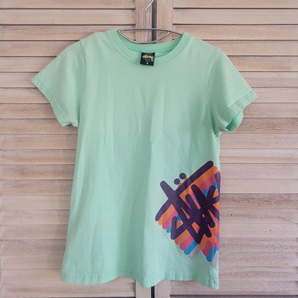 Stussy Vintage Y2K Green Graffiti Woman's Tshirt sz Medium Guc